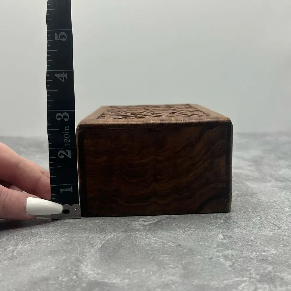 Vintage Hand Carved Wooden Trinket Jewelry Box Engraved Traditional Urns